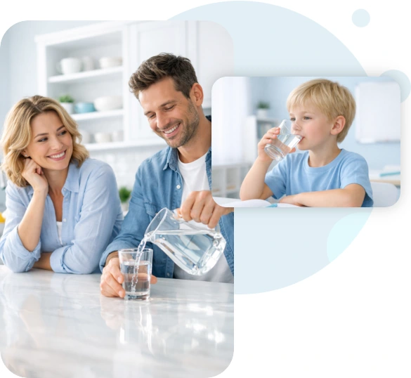 Kolaż zdjęć przedstawiający filtry do wody w kuchni