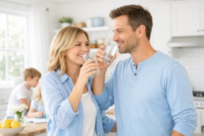 Rodzina pijąca wodę w kuchni