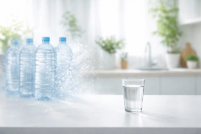 Butelki wody i szklanka na blacie