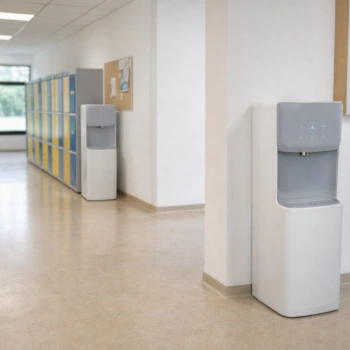 Dystrybutor wody w korytarzu budynku