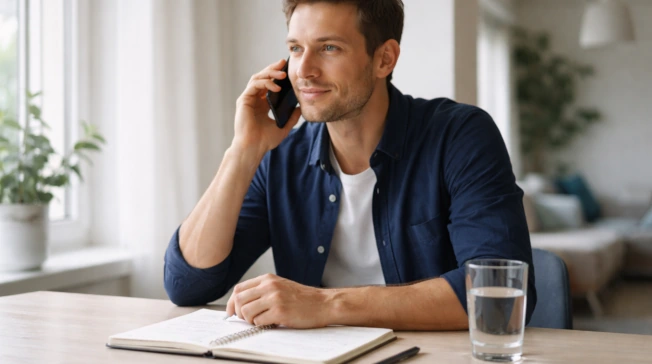 Konsultant rozmawia przez telefon przy biurku