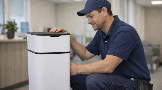 Serwisant wykonuje przegląd urządzenia do uzdatniania wody