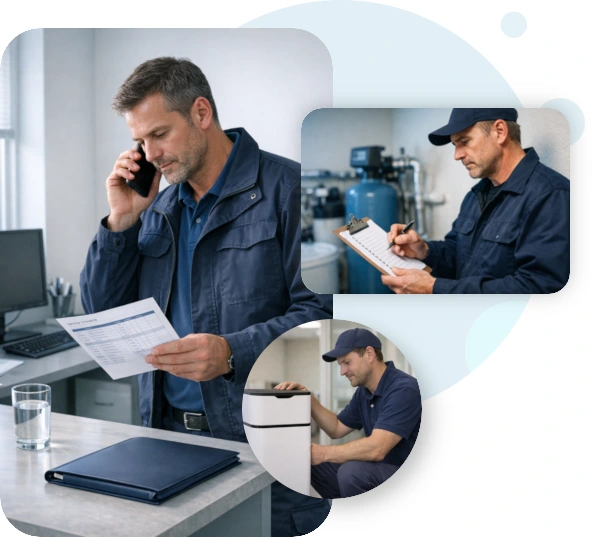 Kolaż zdjęć przedstawiający filtry do wody w kuchni